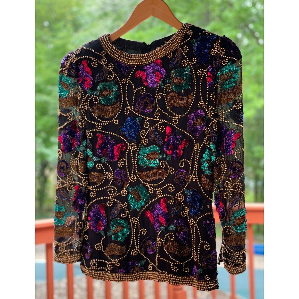 Vintage Silk Beaded Sequin Blouse Top – Floral Art Party Shirt S elegant 70s